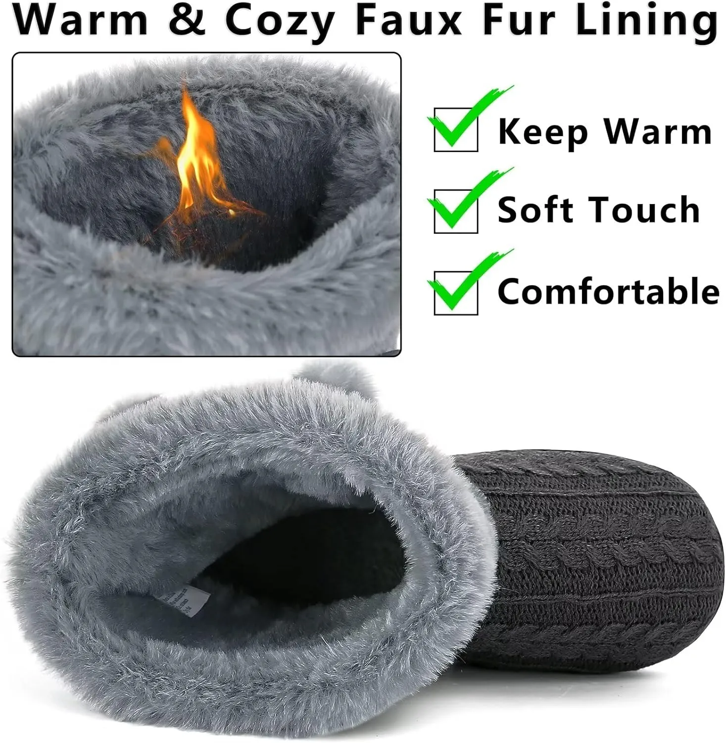 Knit Slipper Boots Women Plush Lining Memory Foam Indoor Outdoor House Shoes with Pom-Pom