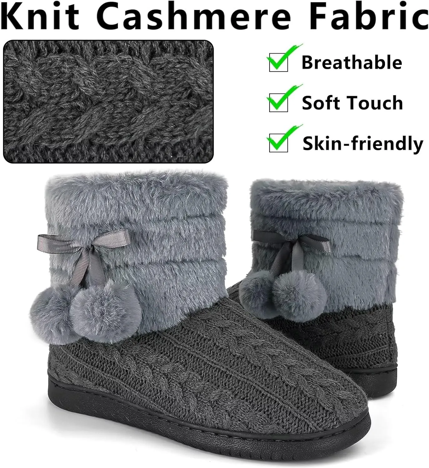 Knit Slipper Boots Women Plush Lining Memory Foam Indoor Outdoor House Shoes with Pom-Pom