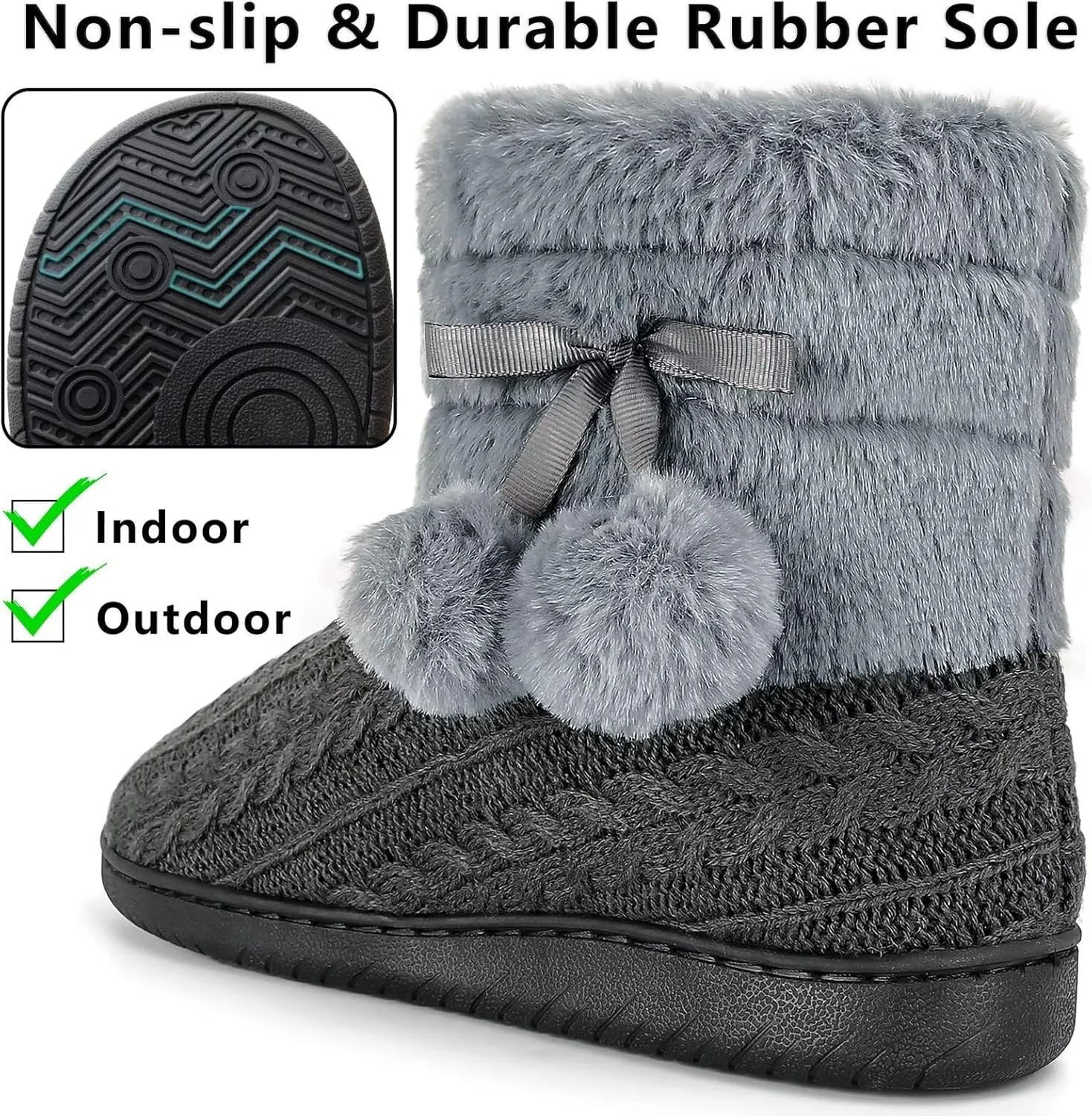 Knit Slipper Boots Women Plush Lining Memory Foam Indoor Outdoor House Shoes with Pom-Pom