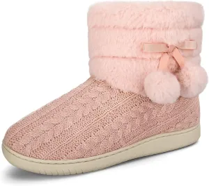 Knit Slipper Boots Women Plush Lining Memory Foam Indoor Outdoor House Shoes with Pom-Pom