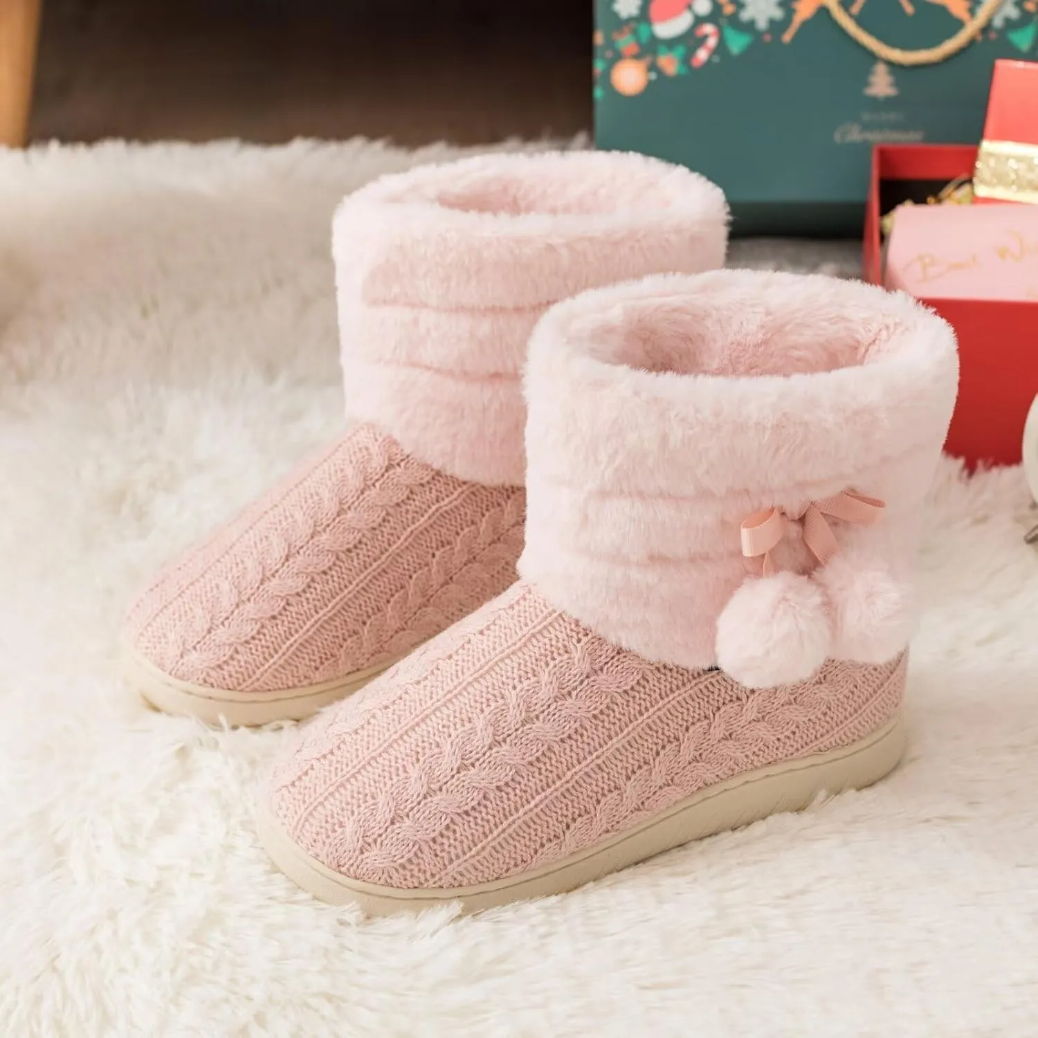 Knit Slipper Boots Women Plush Lining Memory Foam Indoor Outdoor House Shoes with Pom-Pom