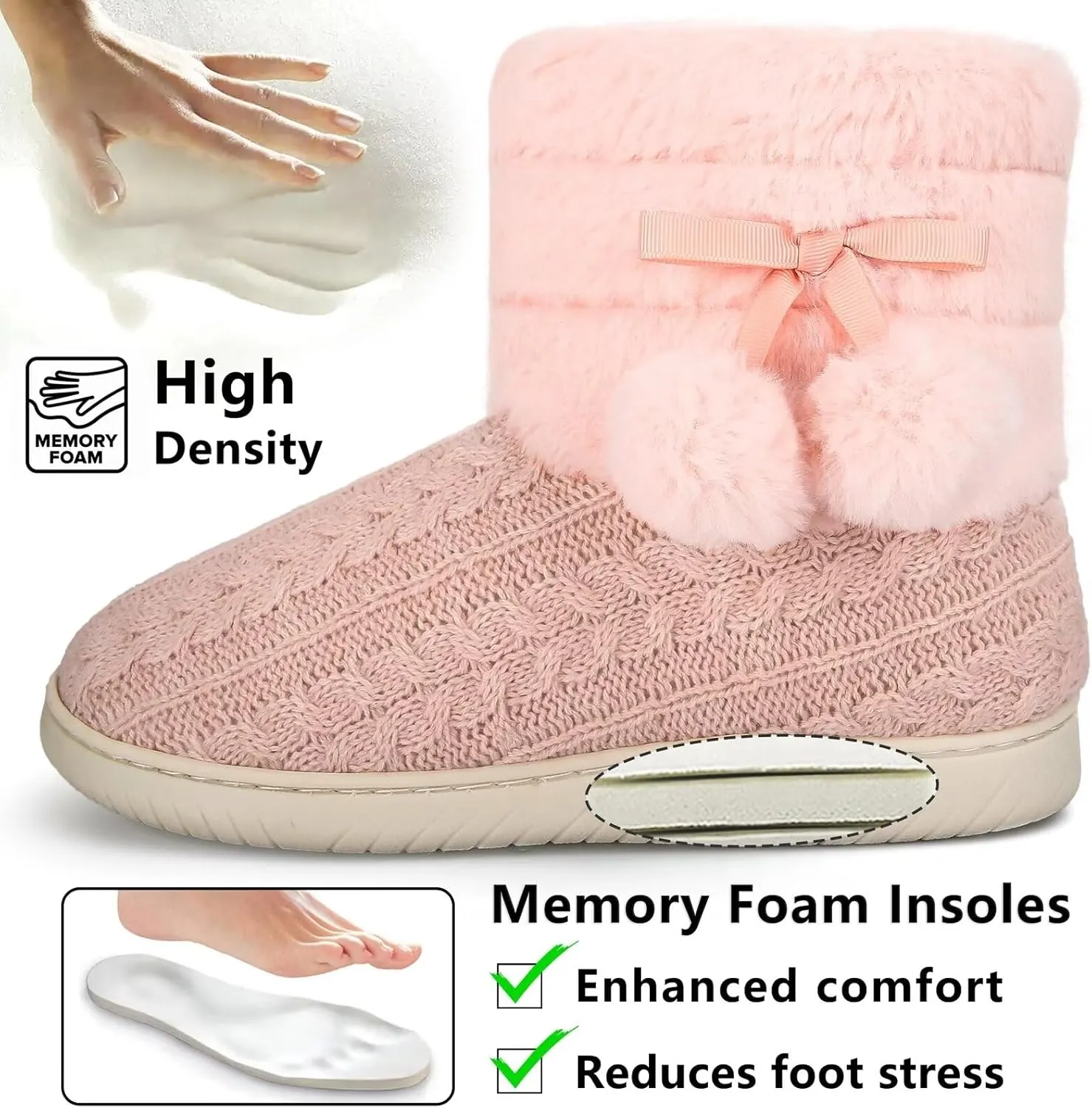 Knit Slipper Boots Women Plush Lining Memory Foam Indoor Outdoor House Shoes with Pom-Pom