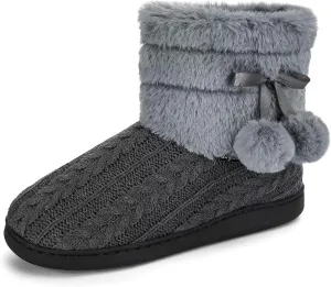 Knit Slipper Boots Women Plush Lining Memory Foam Indoor Outdoor House Shoes with Pom-Pom