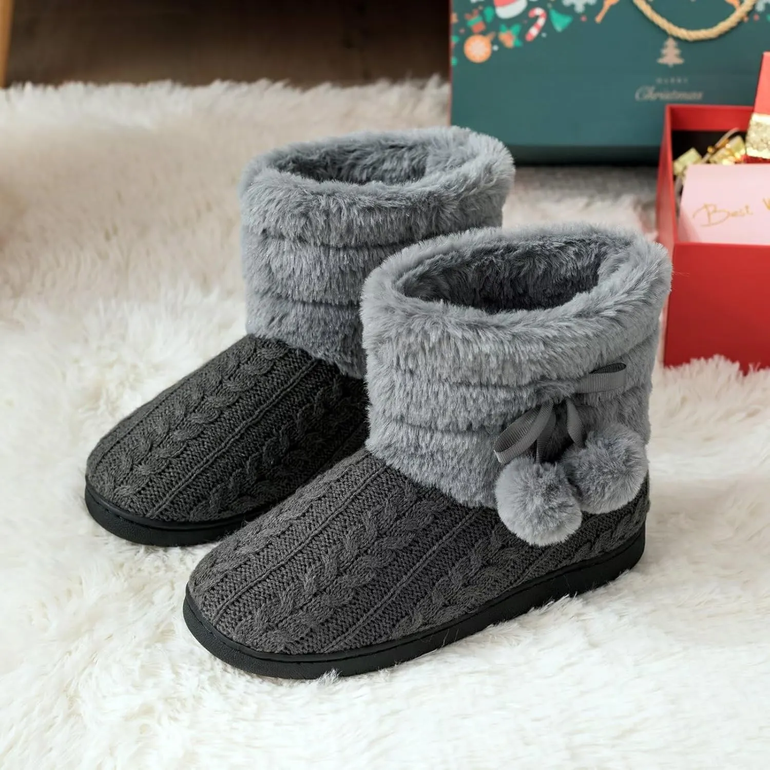 Knit Slipper Boots Women Plush Lining Memory Foam Indoor Outdoor House Shoes with Pom-Pom