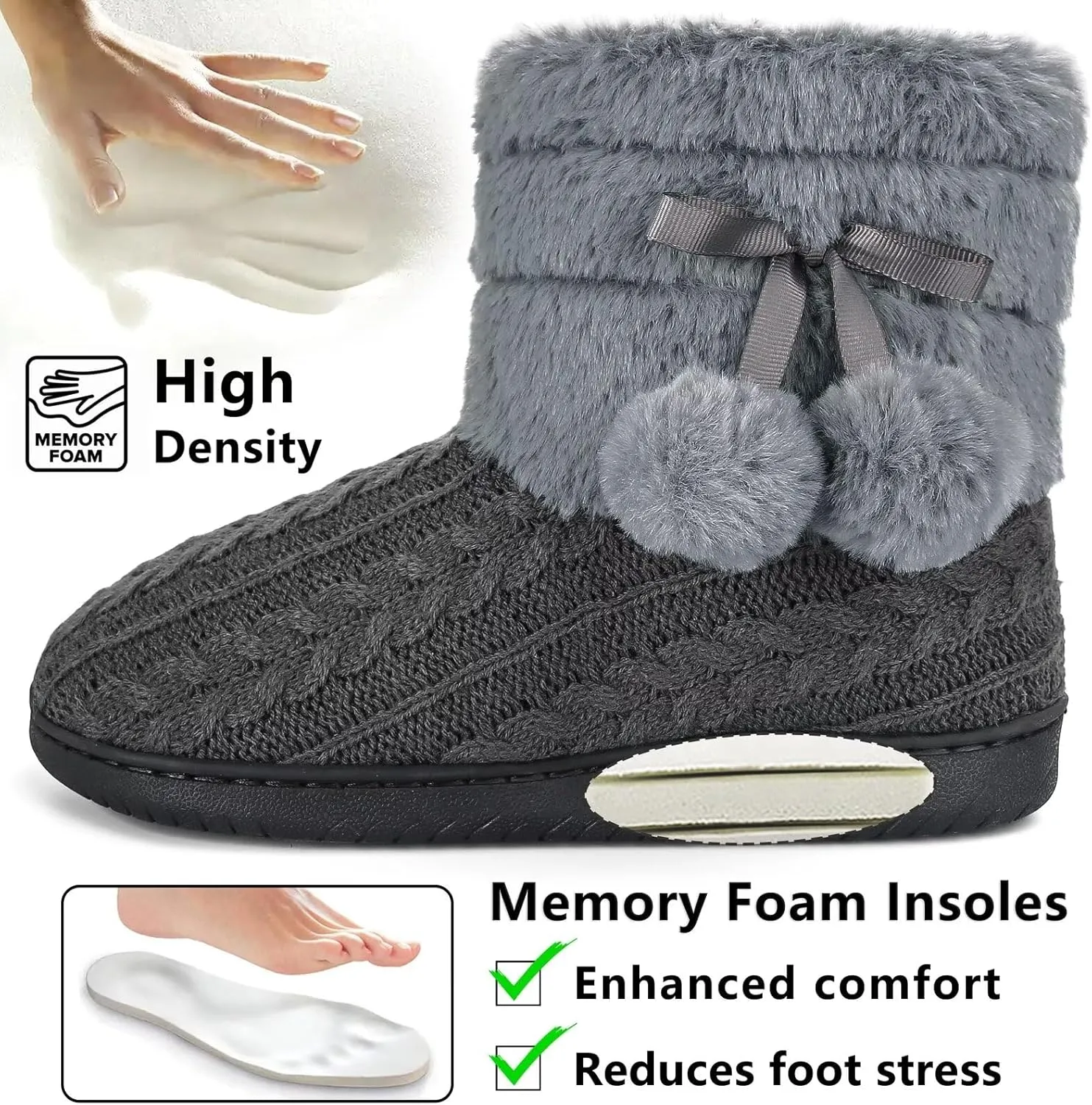 Knit Slipper Boots Women Plush Lining Memory Foam Indoor Outdoor House Shoes with Pom-Pom