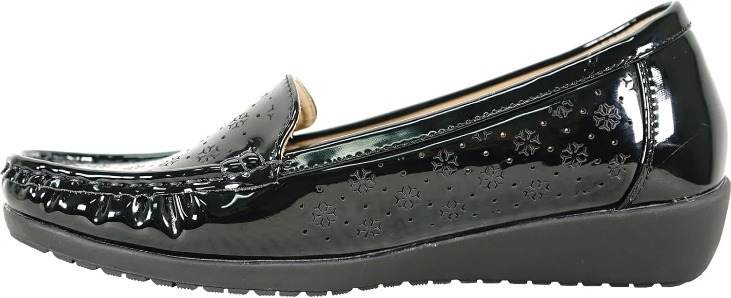 KOZI Women Comfort Casual Wedge Shoe Slip-On Loafer ML Collection Round Toe Penny Loafer Removable Insole Black Champagne