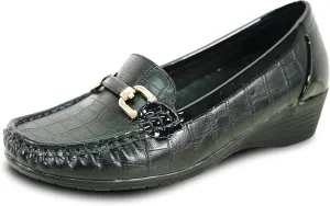 KOZI Women Comfort Casual Wedge Shoe Slip-On Loafer ML Collection Round Toe Penny Loafer Removable Insole Black Champagne