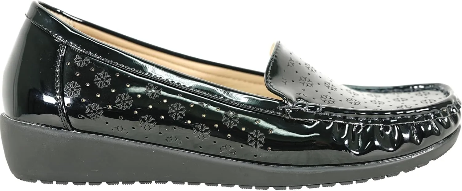 KOZI Women Comfort Casual Wedge Shoe Slip-On Loafer ML Collection Round Toe Penny Loafer Removable Insole Black Champagne