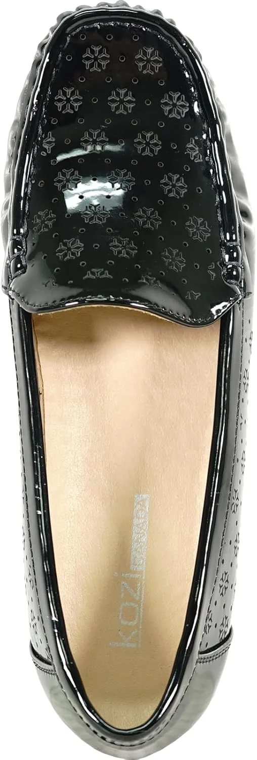 KOZI Women Comfort Casual Wedge Shoe Slip-On Loafer ML Collection Round Toe Penny Loafer Removable Insole Black Champagne