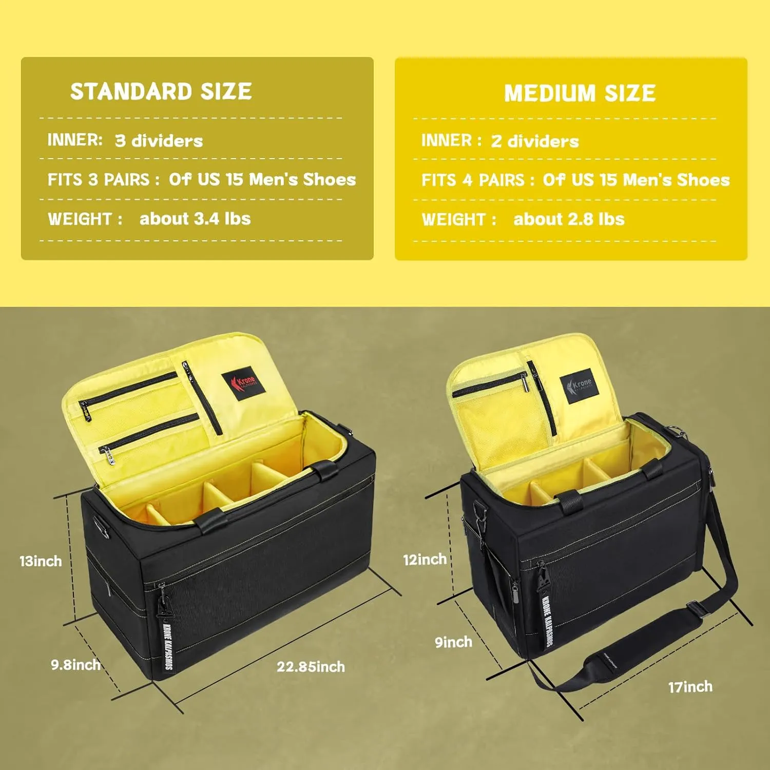 Krone Kalpasmos Sneaker Bag for Travel/Sneakerhead gift/Outdoor Sports Bag, Medium-Size Multi-functional Travel Duffel Bag with 2 Adjustable Dividers, & Shoulder Strap, Made of Nylon, Yellow