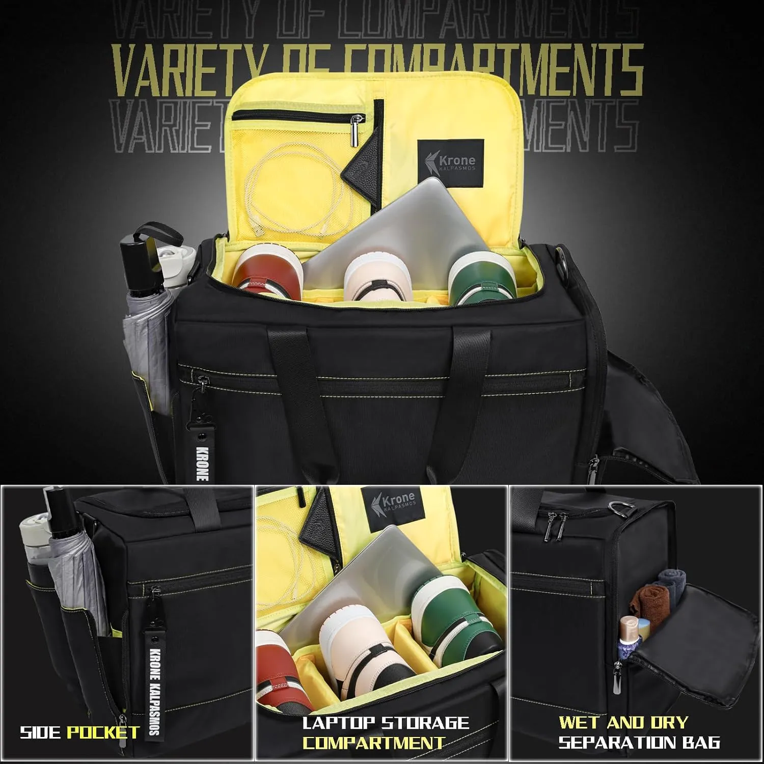 Krone Kalpasmos Sneaker Bag for Travel/Sneakerhead gift/Outdoor Sports Bag, Medium-Size Multi-functional Travel Duffel Bag with 2 Adjustable Dividers, & Shoulder Strap, Made of Nylon, Yellow