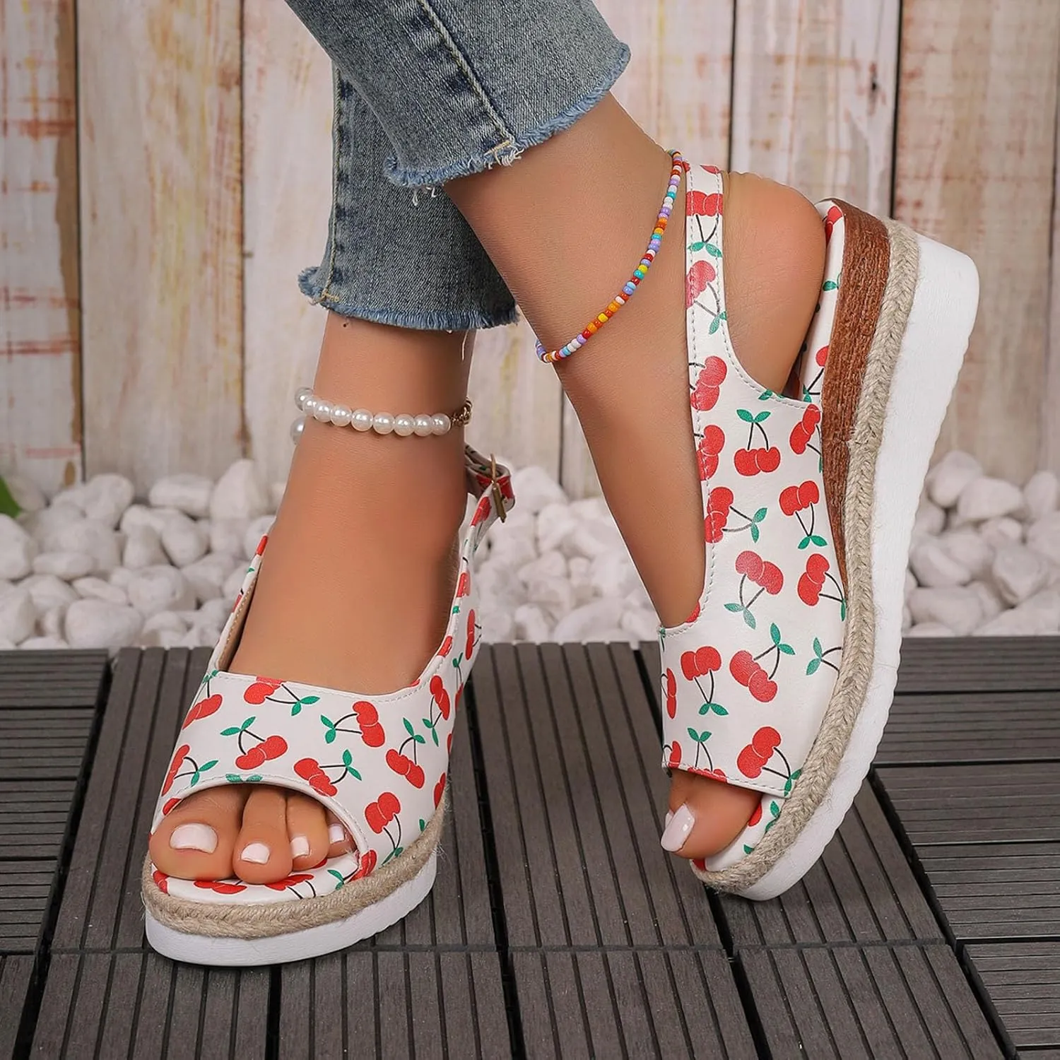Ladies Summer Cherry Printed Soft Leather Buckle Slope Heel Thick Bottom Large Size Fish Mouth Women Thong Sandals Wedge