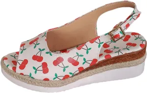 Ladies Summer Cherry Printed Soft Leather Buckle Slope Heel Thick Bottom Large Size Fish Mouth Women Thong Sandals Wedge