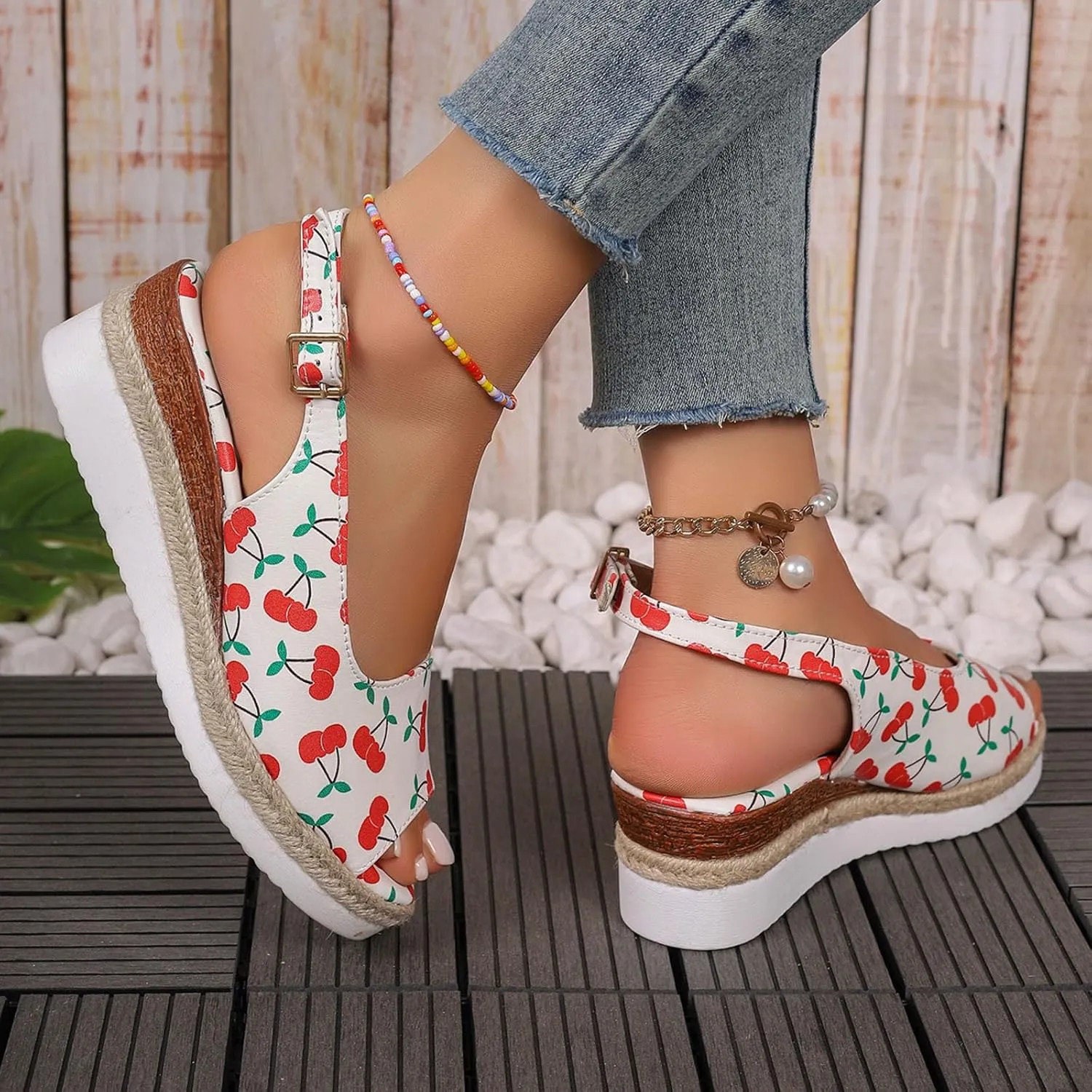 Ladies Summer Cherry Printed Soft Leather Buckle Slope Heel Thick Bottom Large Size Fish Mouth Women Thong Sandals Wedge