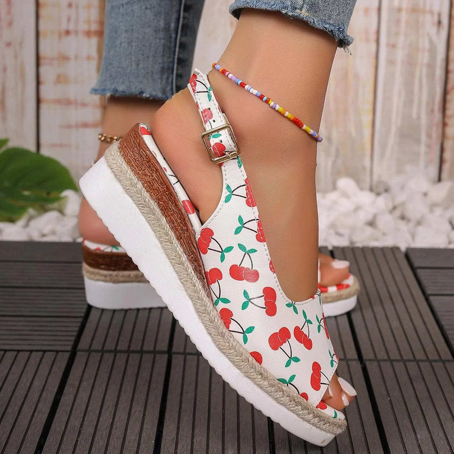 Ladies Summer Cherry Printed Soft Leather Buckle Slope Heel Thick Bottom Large Size Fish Mouth Women Thong Sandals Wedge
