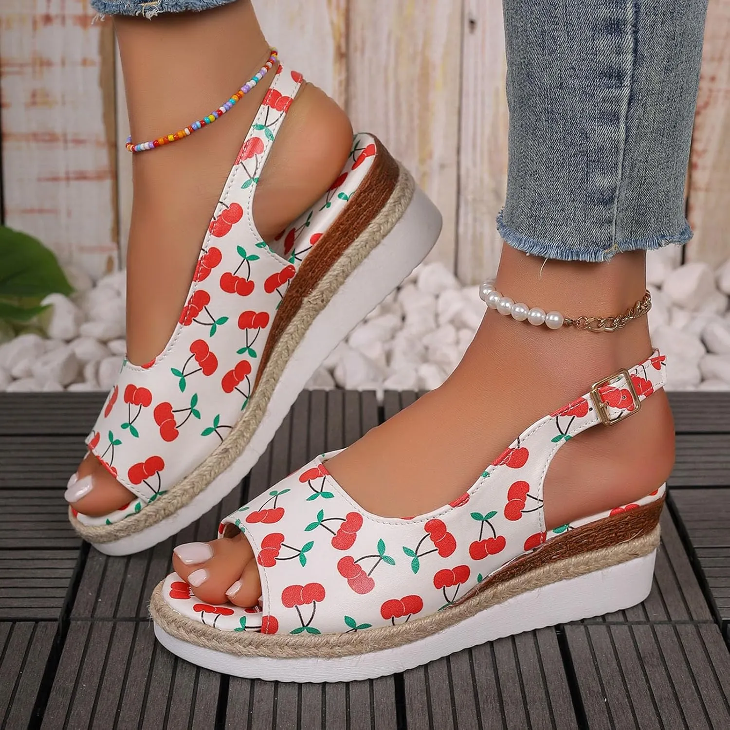 Ladies Summer Cherry Printed Soft Leather Buckle Slope Heel Thick Bottom Large Size Fish Mouth Women Thong Sandals Wedge