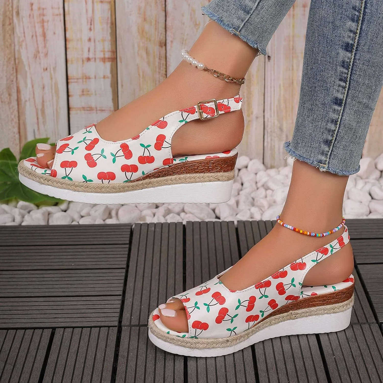 Ladies Summer Cherry Printed Soft Leather Buckle Slope Heel Thick Bottom Large Size Fish Mouth Women Thong Sandals Wedge