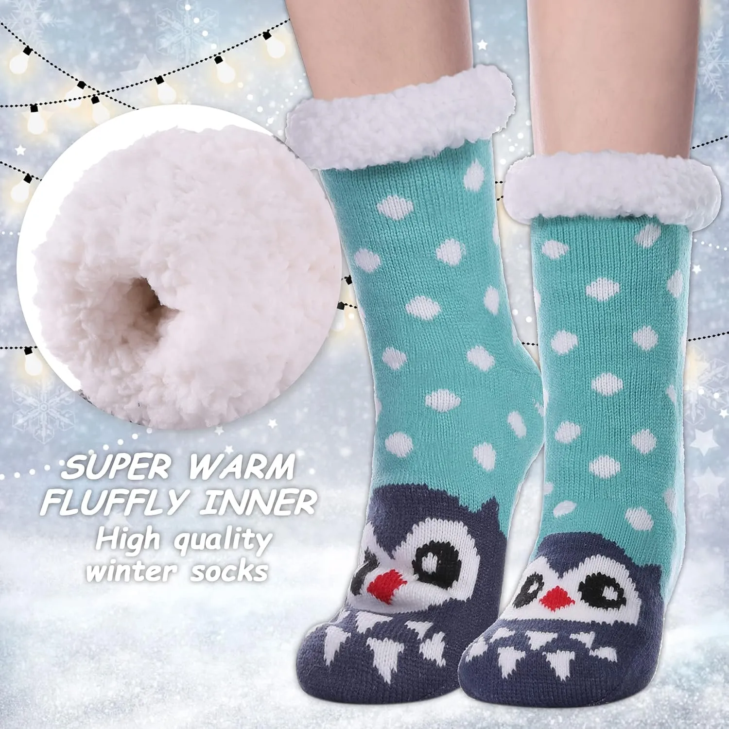 LANLEO Fuzzy Slipper Socks For Women with Grippers Winter Warm Thick Plush Fleece Lining Non Slip Animal Home Socks