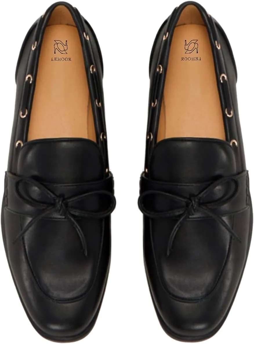 LEHOOR Women Square Closed Toe Flats Bow Slip On Flat Penny Loafer Matte Knotted Flat Shoes Comfort Two-Tone Oxford Loafers Office Ladies Work Daily Bass Coach Loafers Driver Club Spring 4-11 M US