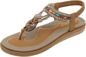 Lightweight Bohemian Sandals for Women Rhinestone Open Toe Slip on Casual Sandal Soft Soled Sandals for Women