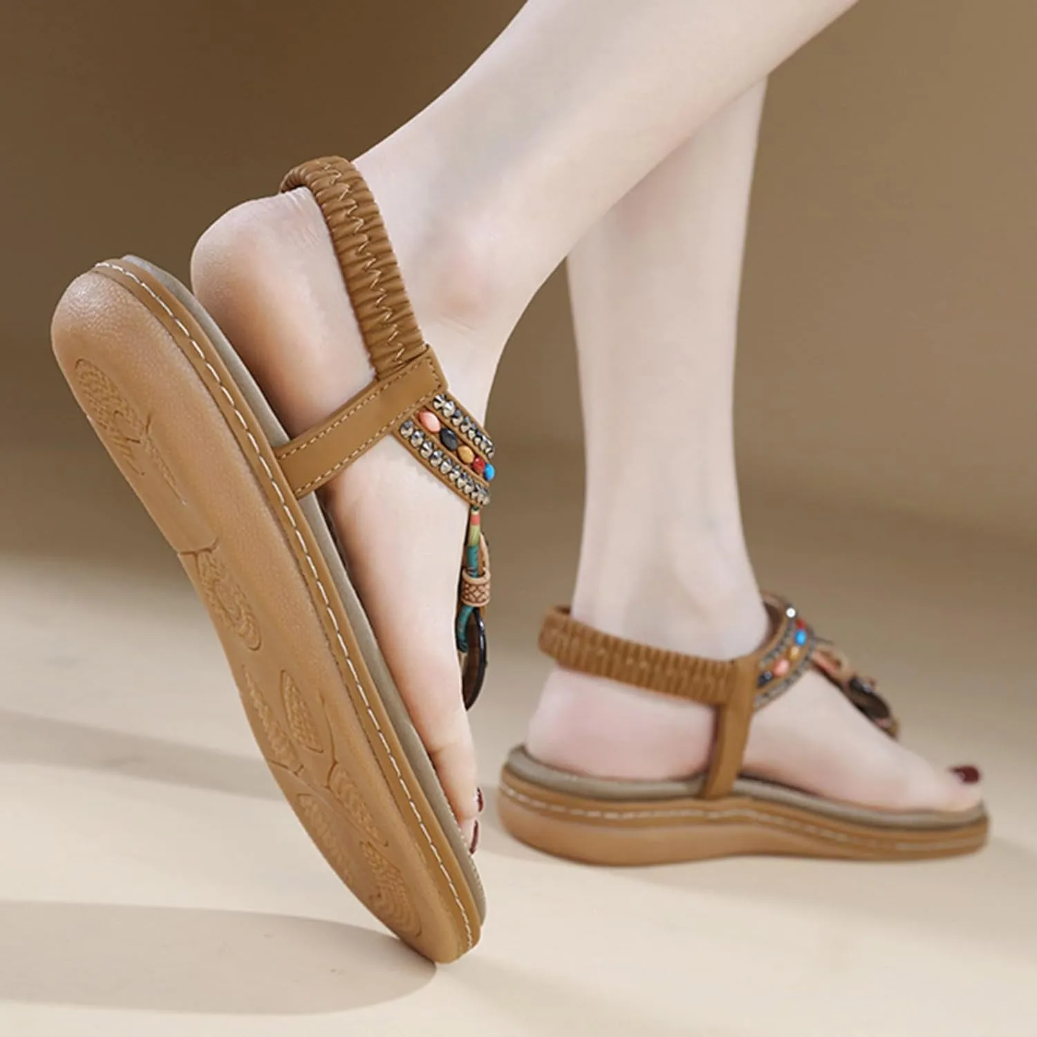Lightweight Bohemian Sandals for Women Rhinestone Open Toe Slip on Casual Sandal Soft Soled Sandals for Women