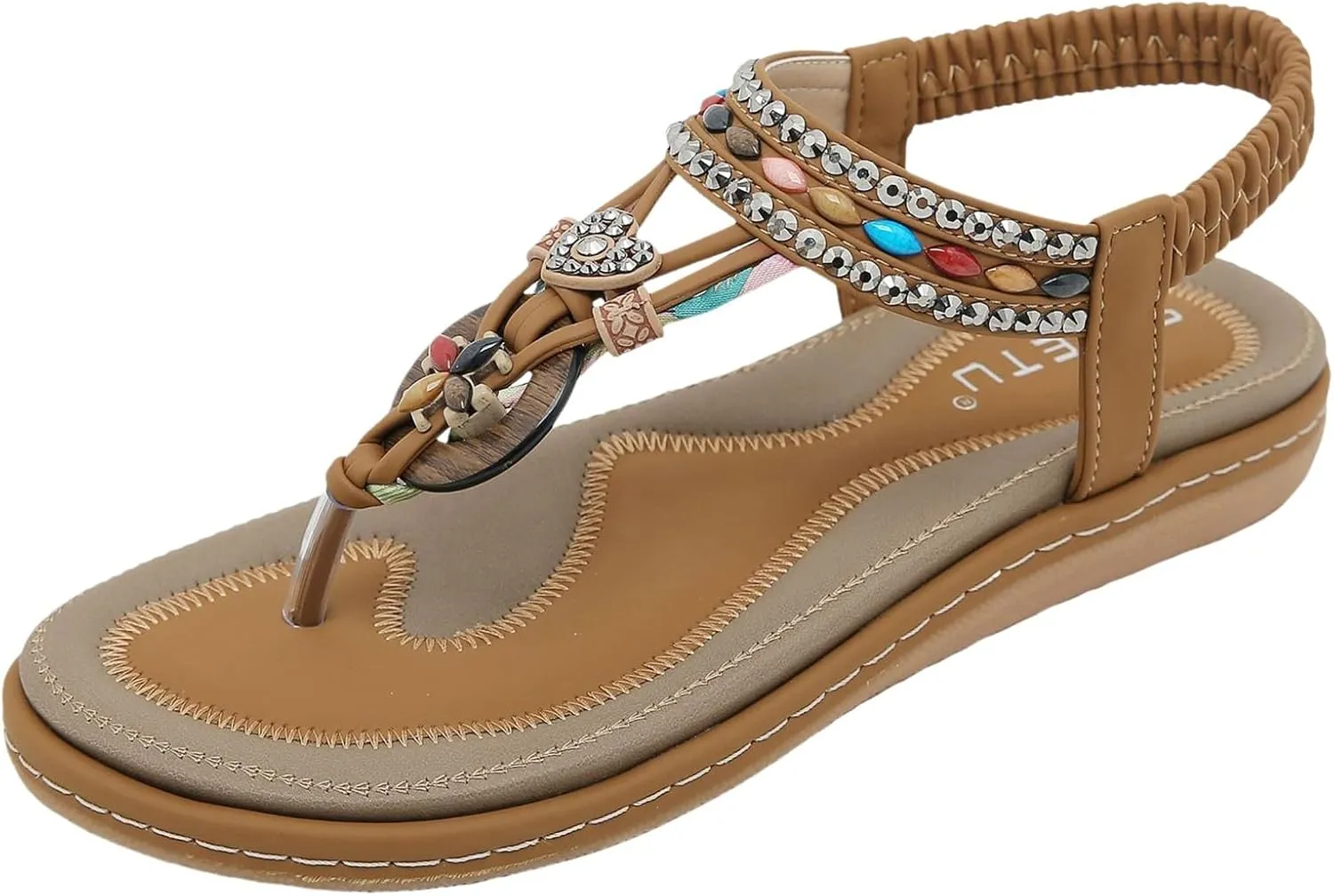 Lightweight Bohemian Sandals for Women Rhinestone Open Toe Slip on Casual Sandal Soft Soled Sandals for Women