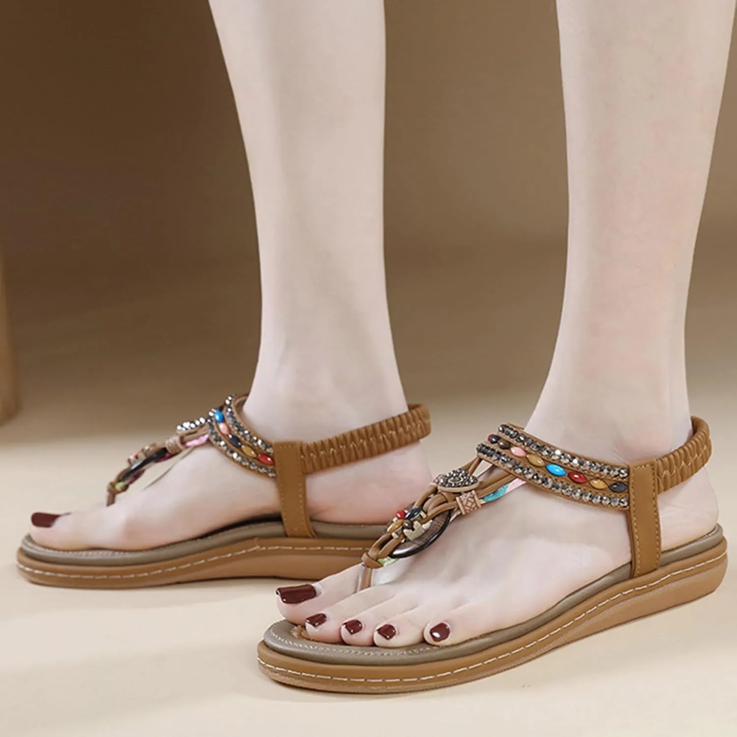 Lightweight Bohemian Sandals for Women Rhinestone Open Toe Slip on Casual Sandal Soft Soled Sandals for Women