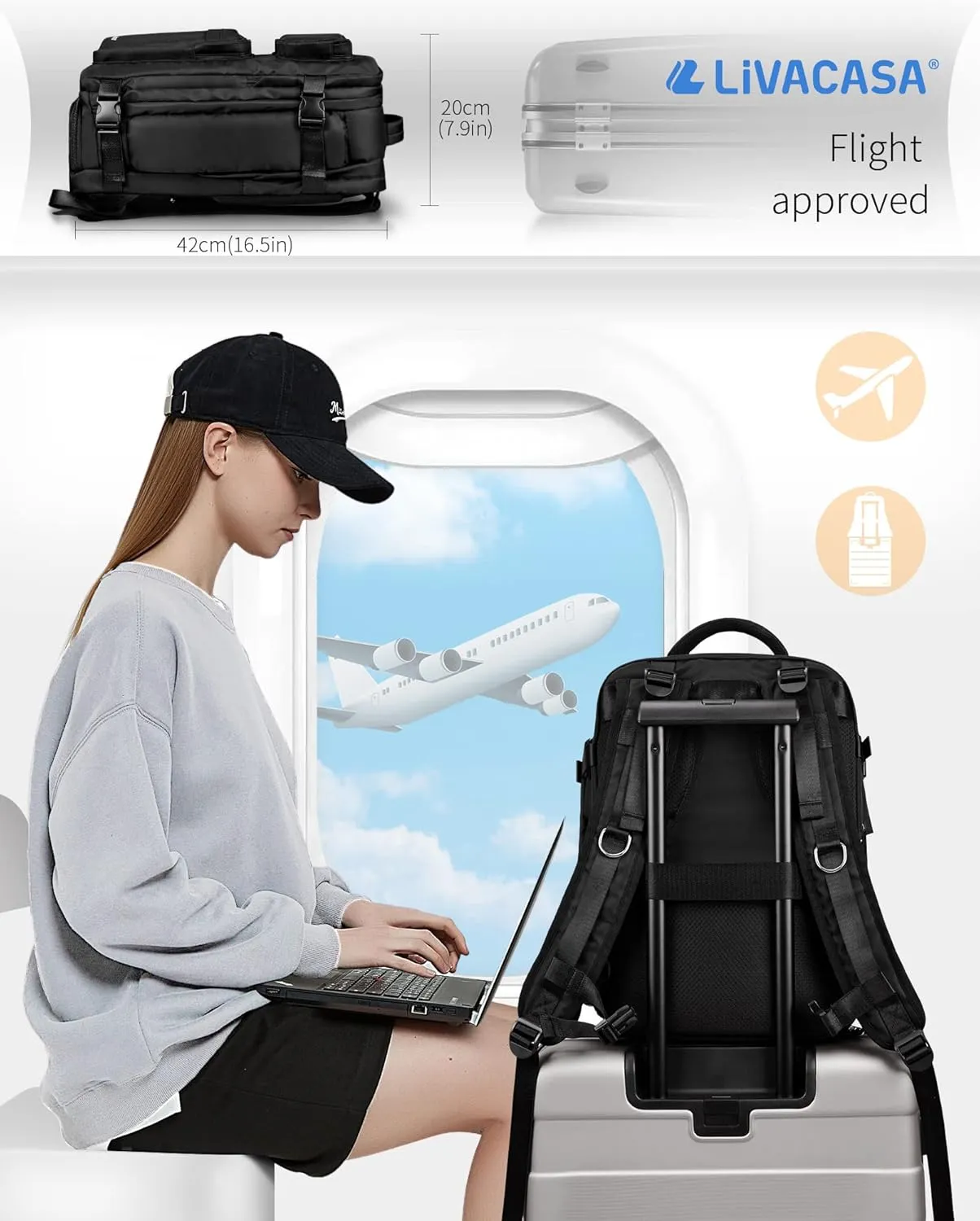 LIVACASA Waterproof Travel Backpack for Women, 40L Airline Approved Carry on Laptop Backpack with Compartment and USB Port