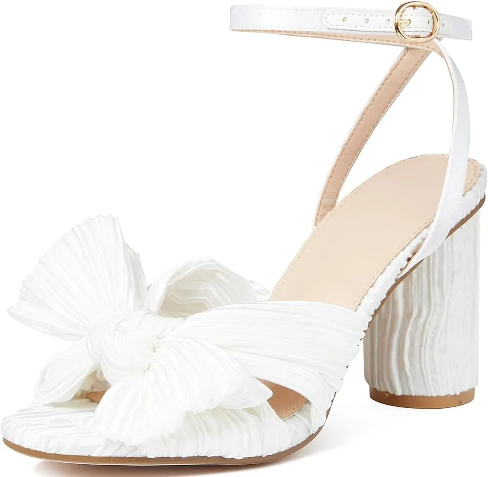 Lovee Cosee Women's Bow Knot Heeled Sandals Pleated Open Toe Ankle Strap Chunky Heels for Bride Wedding