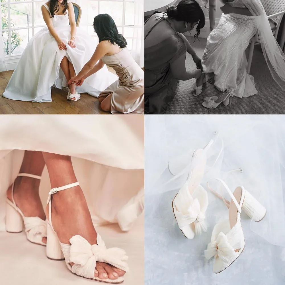 Lovee Cosee Women's Bow Knot Heeled Sandals Pleated Open Toe Ankle Strap Chunky Heels for Bride Wedding