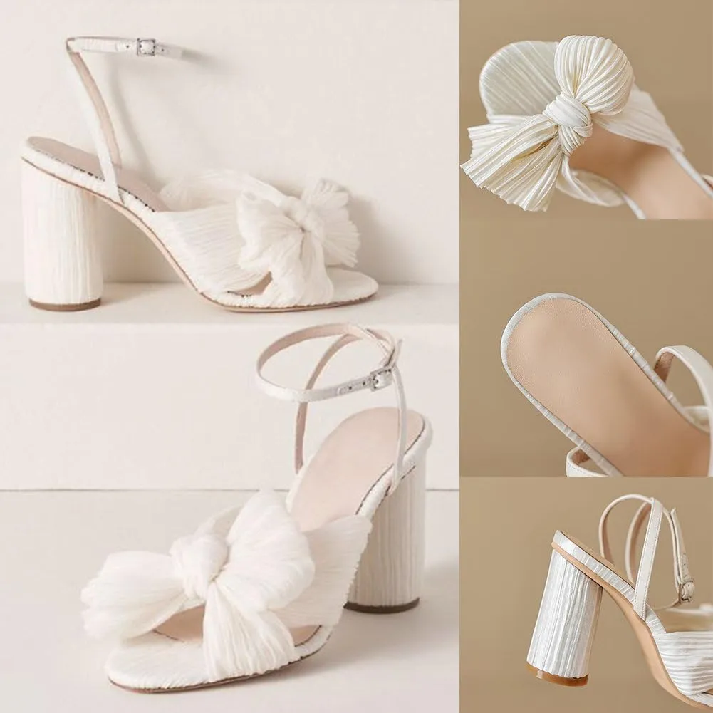 Lovee Cosee Women's Bow Knot Heeled Sandals Pleated Open Toe Ankle Strap Chunky Heels for Bride Wedding
