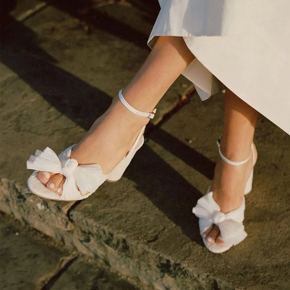 Lovee Cosee Women's Bow Knot Heeled Sandals Pleated Open Toe Ankle Strap Chunky Heels for Bride Wedding