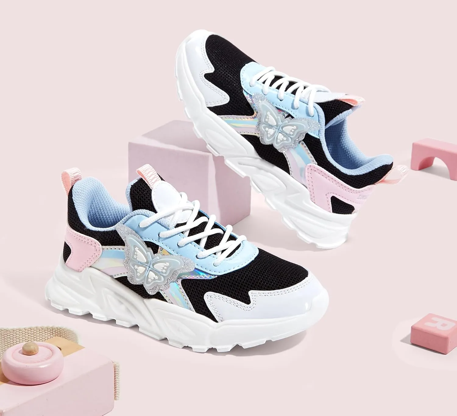 LUCKY STEP Girls Kid's Butterfly Running Sneaker Tennis Sparkle Mesh Athletic School Gym Lace-up Walking Shoes for Toddler/Little Kid/Big Kid