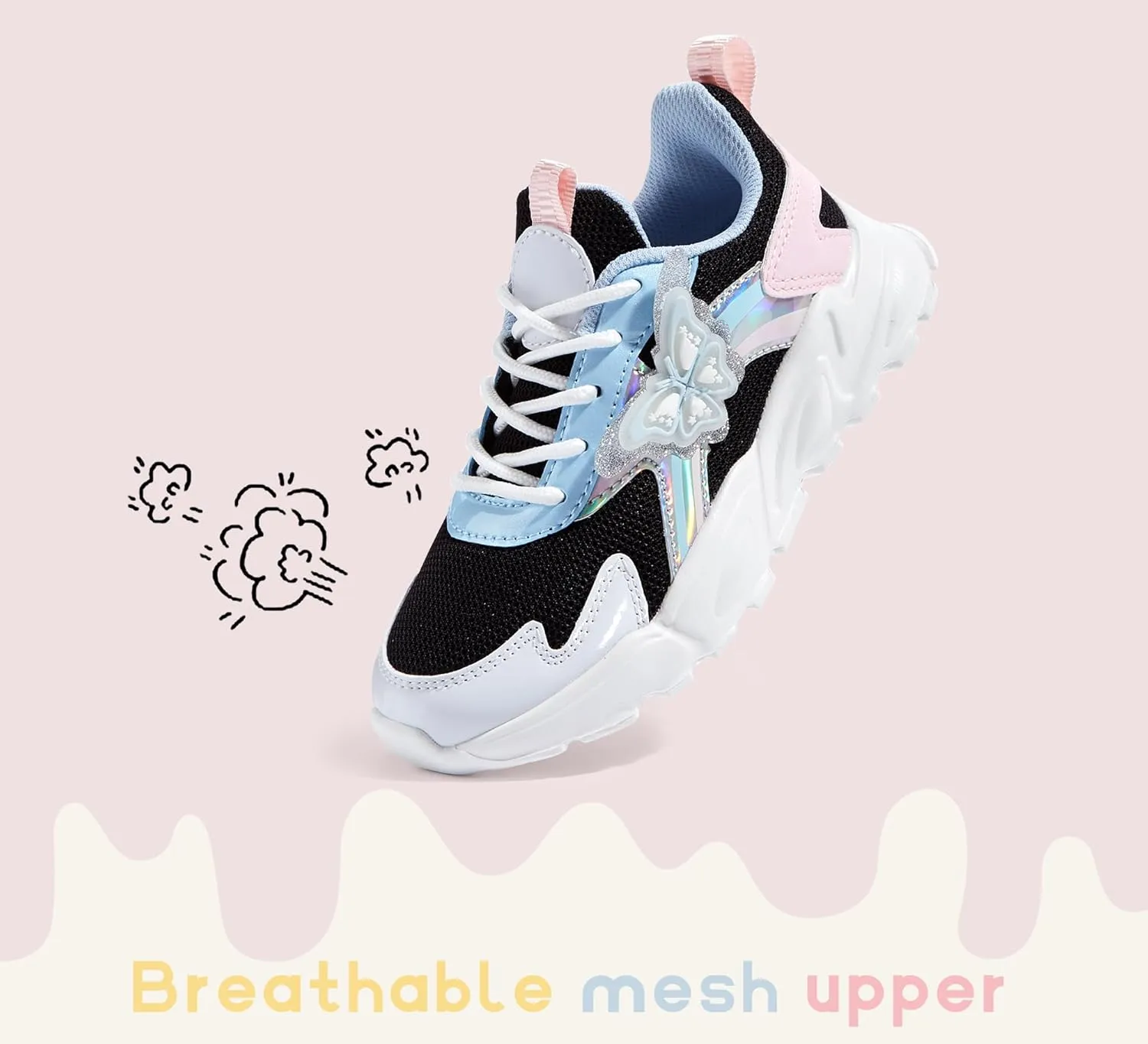 LUCKY STEP Girls Kid's Butterfly Running Sneaker Tennis Sparkle Mesh Athletic School Gym Lace-up Walking Shoes for Toddler/Little Kid/Big Kid