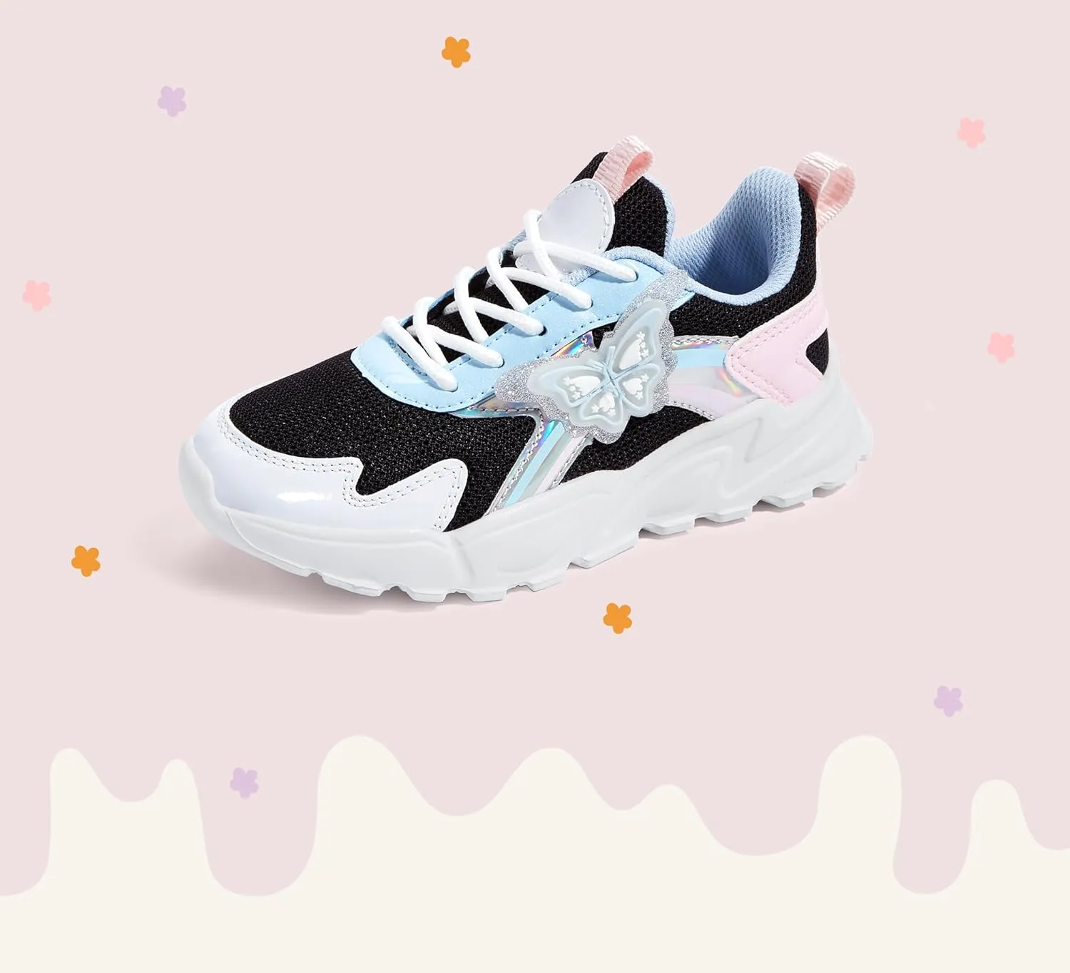 LUCKY STEP Girls Kid's Butterfly Running Sneaker Tennis Sparkle Mesh Athletic School Gym Lace-up Walking Shoes for Toddler/Little Kid/Big Kid
