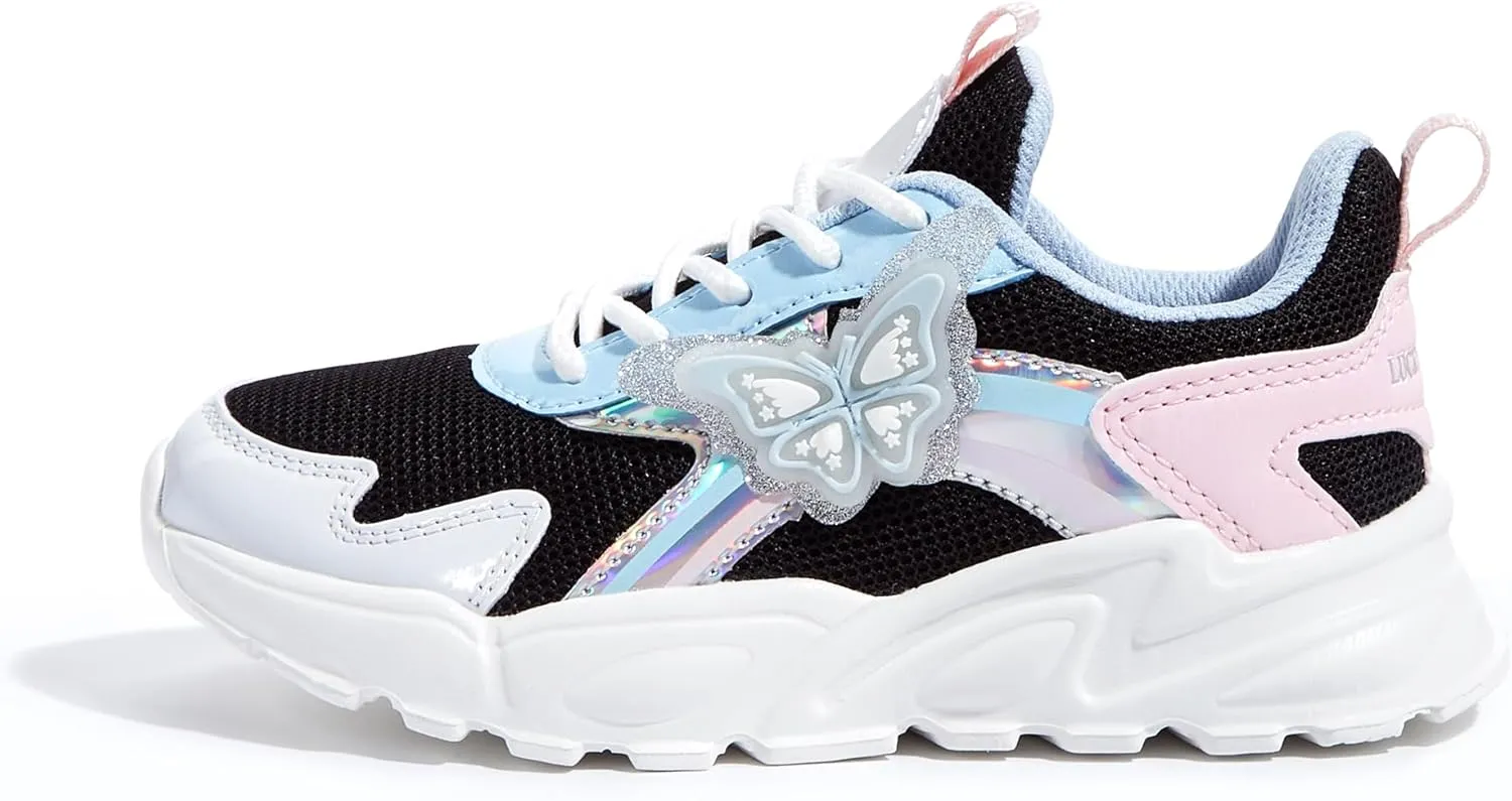 LUCKY STEP Girls Kid's Butterfly Running Sneaker Tennis Sparkle Mesh Athletic School Gym Lace-up Walking Shoes for Toddler/Little Kid/Big Kid