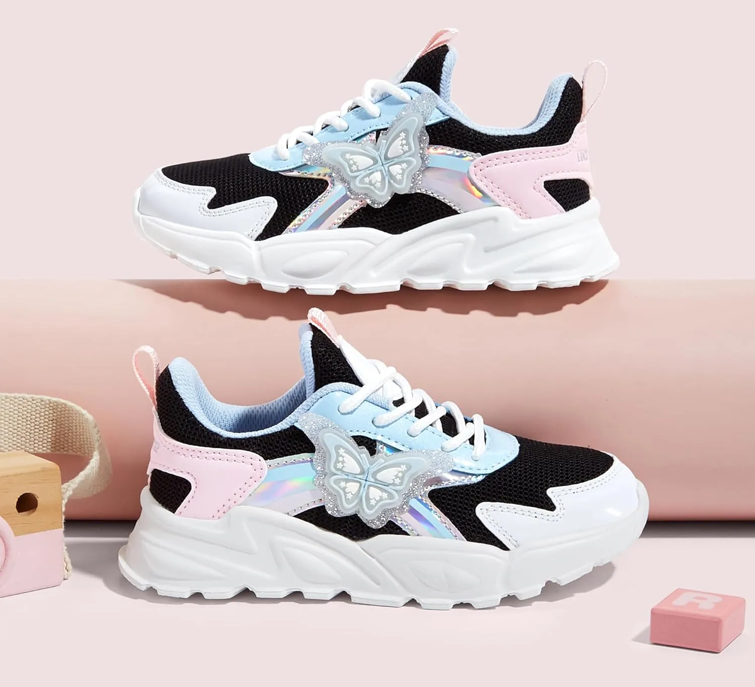 LUCKY STEP Girls Kid's Butterfly Running Sneaker Tennis Sparkle Mesh Athletic School Gym Lace-up Walking Shoes for Toddler/Little Kid/Big Kid