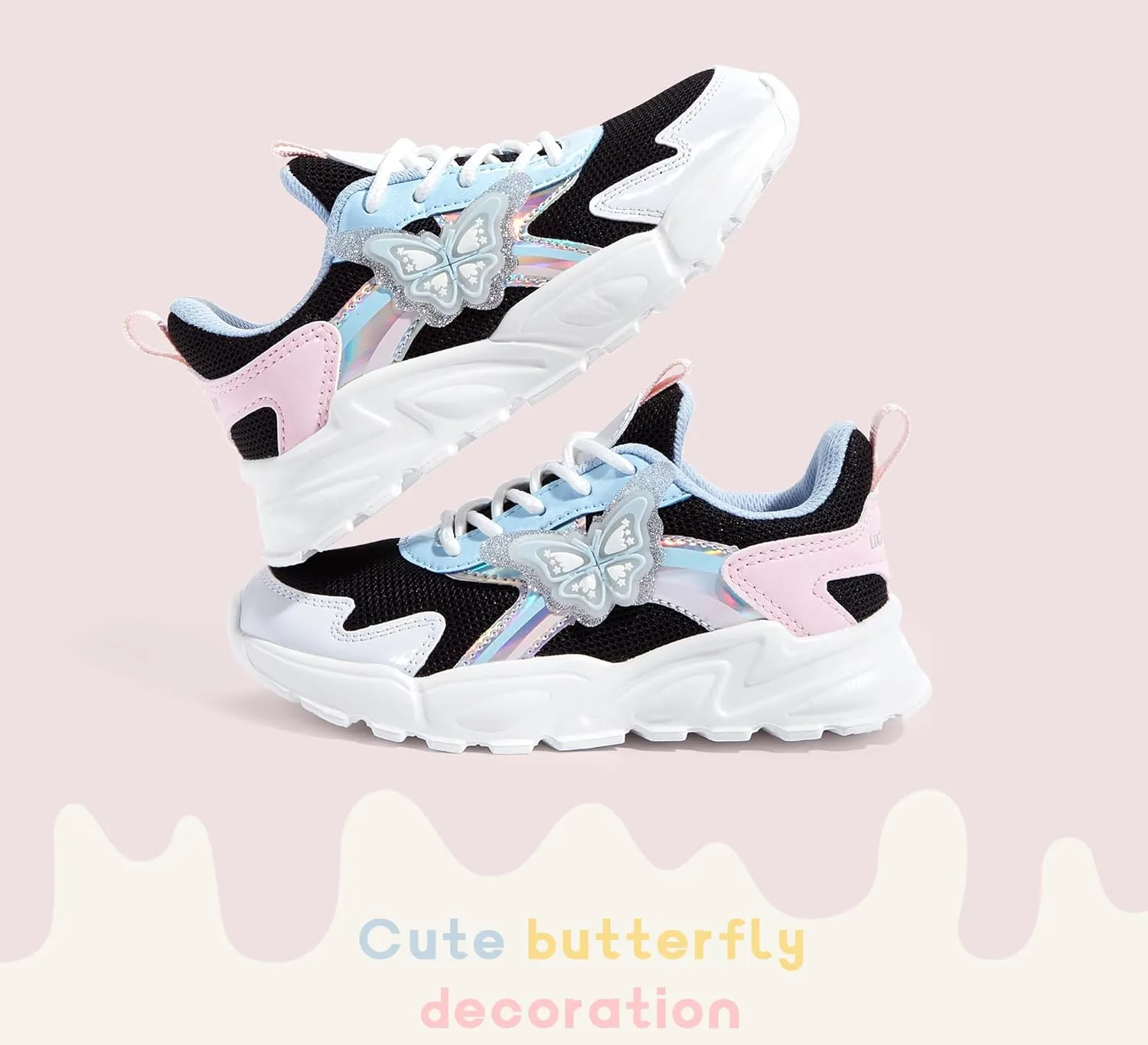 LUCKY STEP Girls Kid's Butterfly Running Sneaker Tennis Sparkle Mesh Athletic School Gym Lace-up Walking Shoes for Toddler/Little Kid/Big Kid