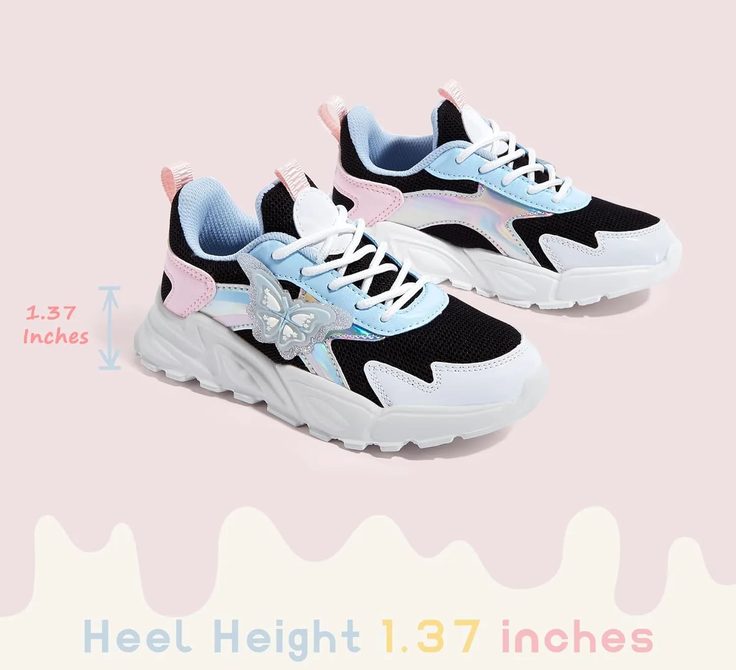 LUCKY STEP Girls Kid's Butterfly Running Sneaker Tennis Sparkle Mesh Athletic School Gym Lace-up Walking Shoes for Toddler/Little Kid/Big Kid