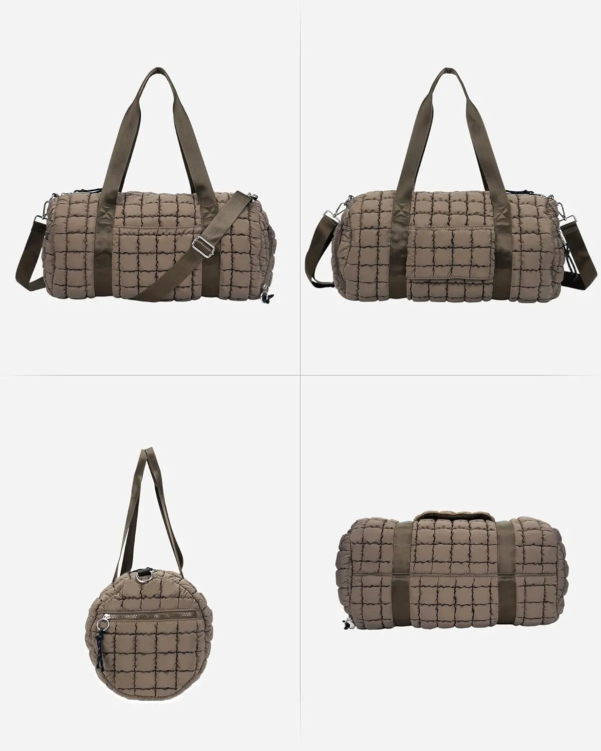 Lushandy Quilted Duffel Bag for Women, Puffer Gym Duffle Bag with Shoe Compartment Puffy Duffle Bag for Travel Overnight Carry On Bag Workout Weekend Bag, Brown