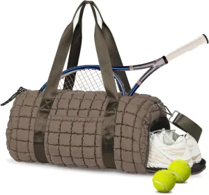 Lushandy Quilted Duffel Bag for Women, Puffer Gym Duffle Bag with Shoe Compartment Puffy Duffle Bag for Travel Overnight Carry On Bag Workout Weekend Bag, Brown