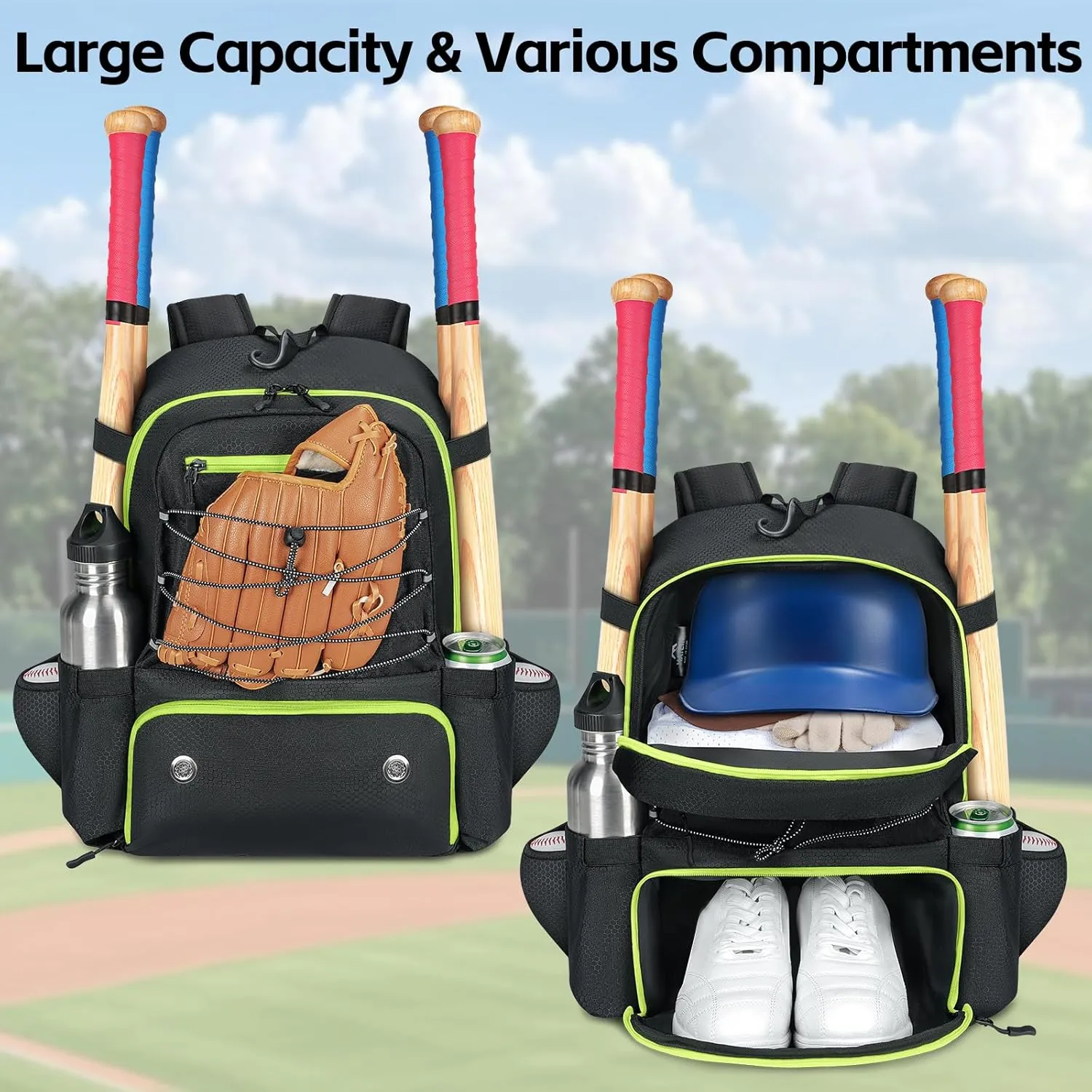 MATEIN Baseball Bat Bag for 4 Bats with Ball Pocket, Lightweight Youth Baseball Backpack with Shoe Compartment, Large Capacity Softball Equipment Bag with Fence Hook for TBall Gear, Helmet, Glove