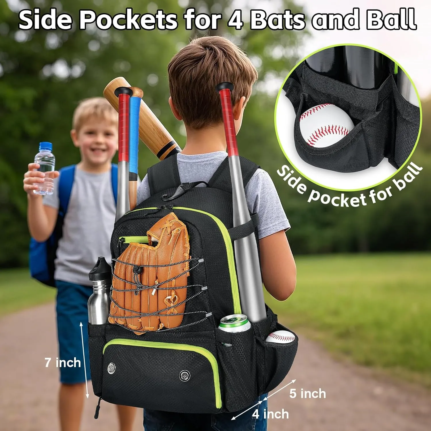 MATEIN Baseball Bat Bag for 4 Bats with Ball Pocket, Lightweight Youth Baseball Backpack with Shoe Compartment, Large Capacity Softball Equipment Bag with Fence Hook for TBall Gear, Helmet, Glove