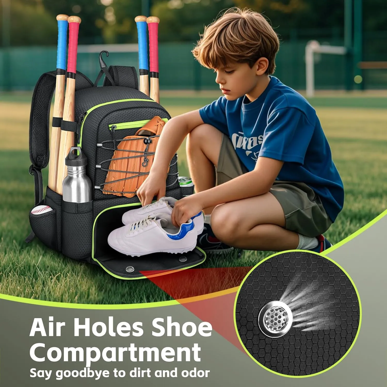 MATEIN Baseball Bat Bag for 4 Bats with Ball Pocket, Lightweight Youth Baseball Backpack with Shoe Compartment, Large Capacity Softball Equipment Bag with Fence Hook for TBall Gear, Helmet, Glove