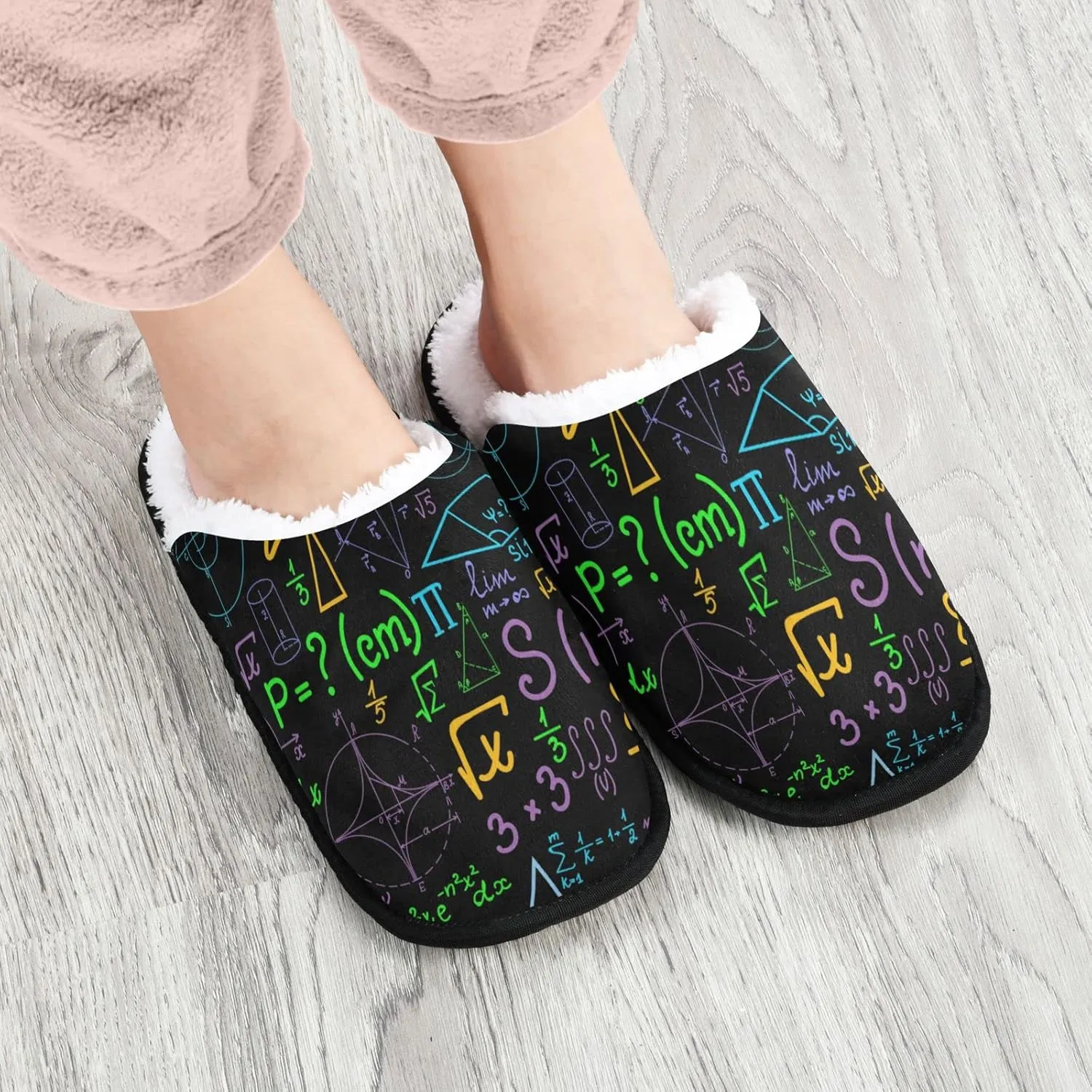 Math Formulas Slippers for Women, Memory Foam House Slippers, Non-Slip Indoor Winter Bedroom Shoes