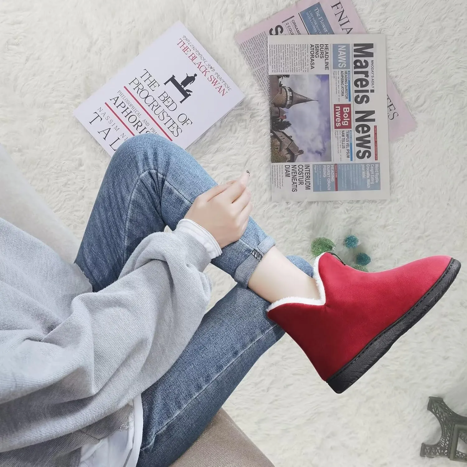 Men Women Slipper Boots Warm Fur Lined Memory Foam Winter House Bootie Slippers