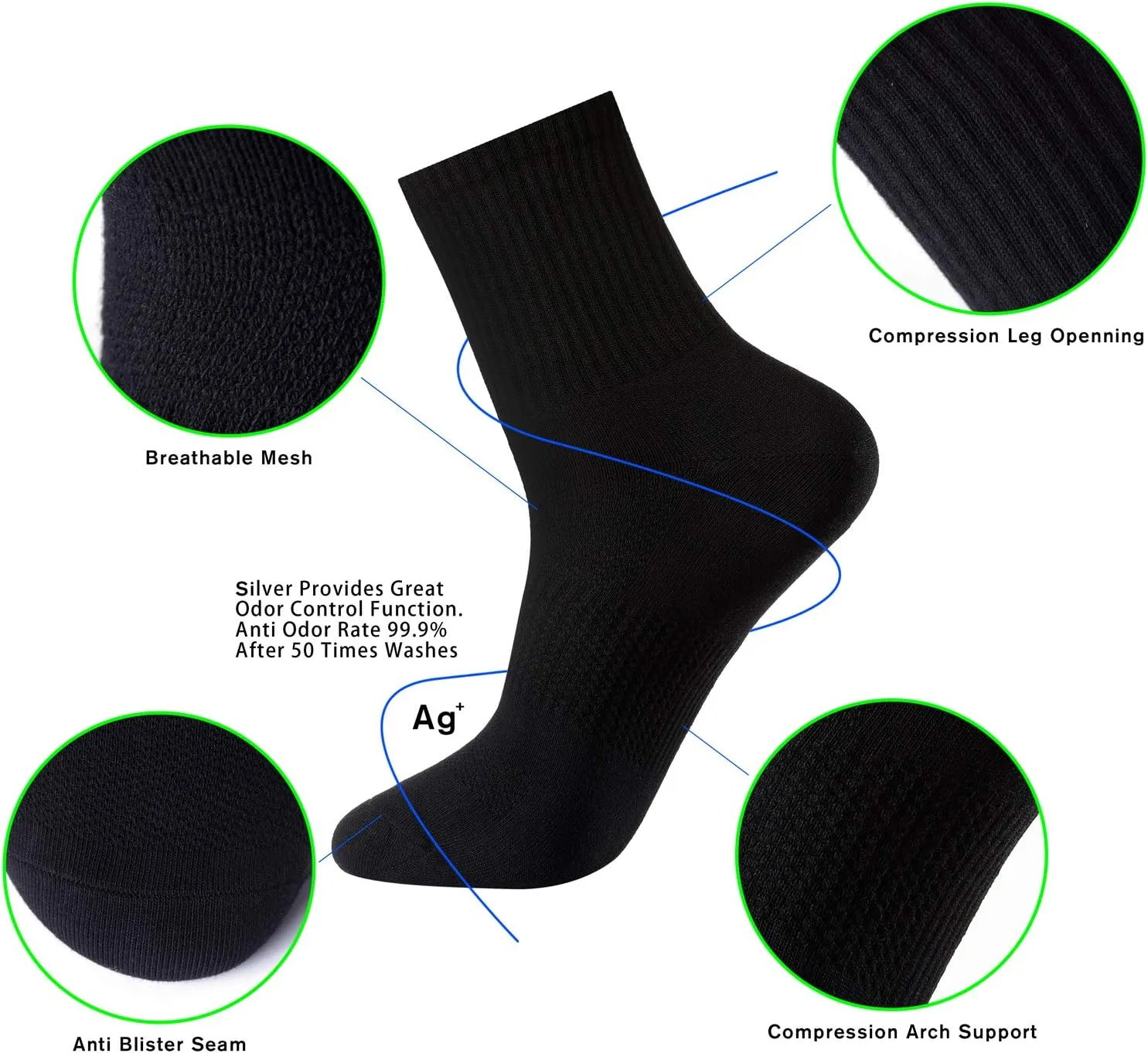 Men's Anti Sweat Odor Resistant Quick Dry Sports Quarter Crew Low Cut Cotton Hiking Running Socks
