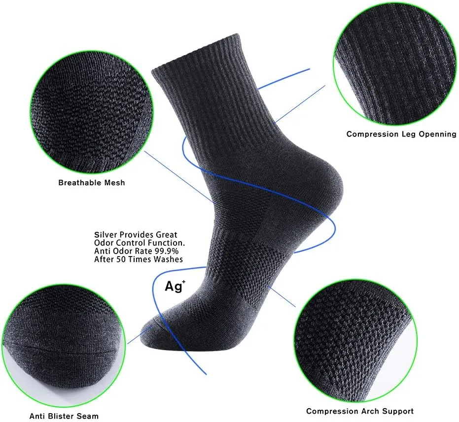 Men's Anti Sweat Odor Resistant Quick Dry Sports Quarter Crew Low Cut Cotton Hiking Running Socks