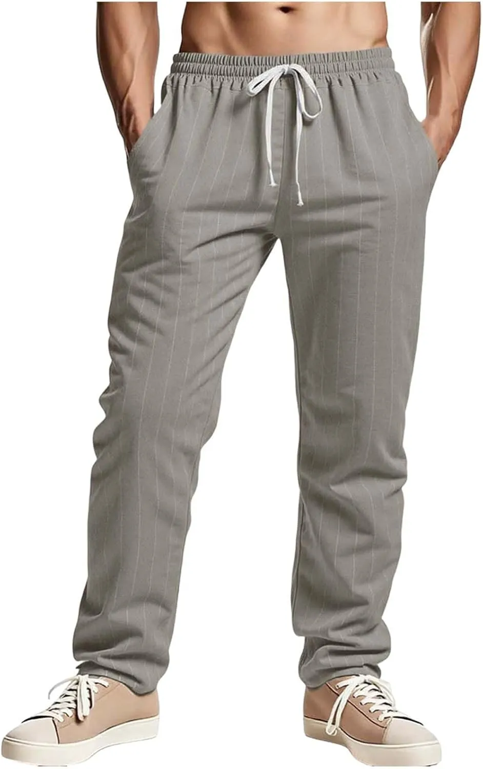 Mens Cotton Linen Pants Striped Elastic Waist Lightweight Casual Pant Relaxed Fit Beach Outfits Breathable with Pockets