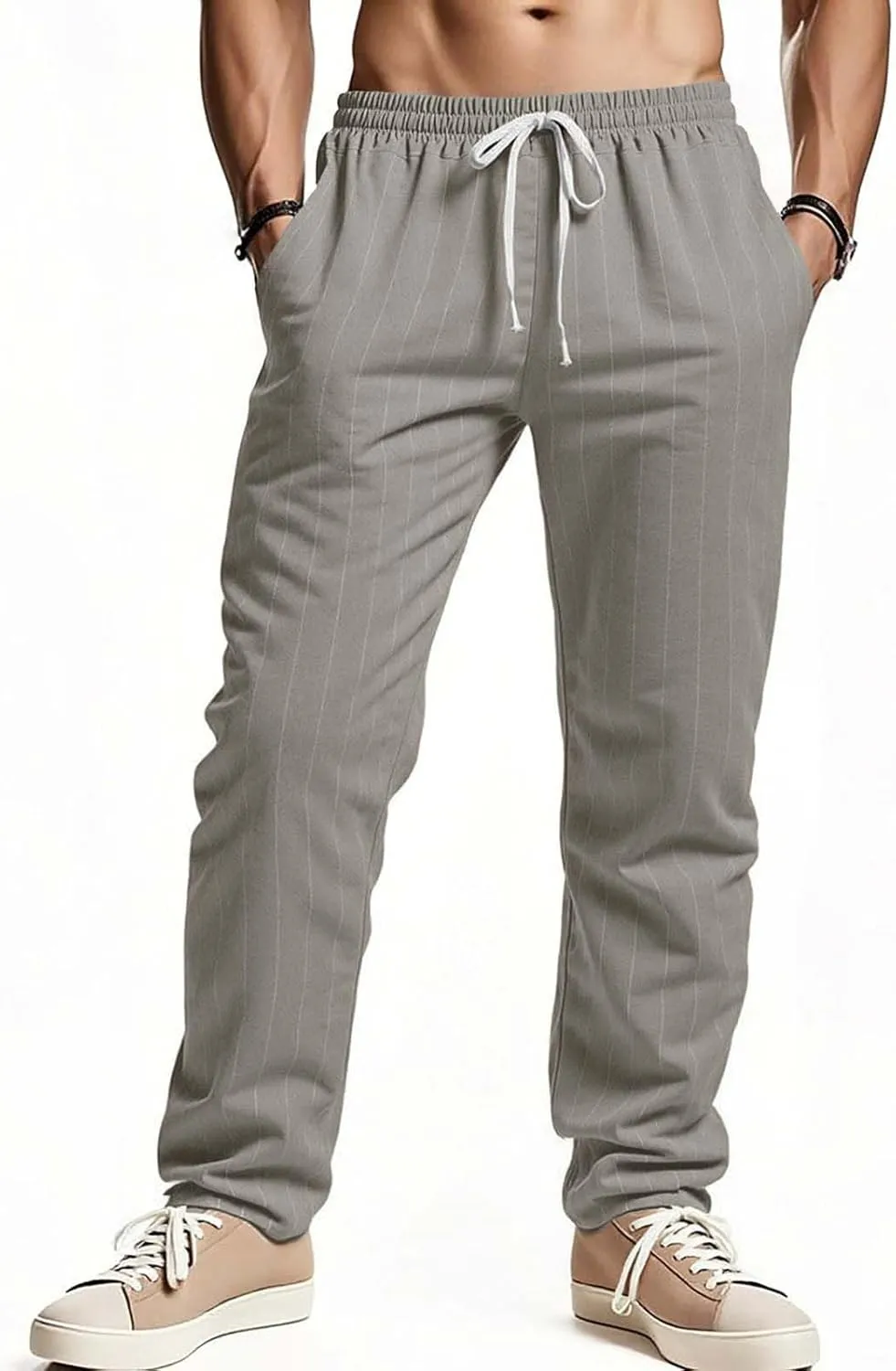 Mens Cotton Linen Pants Striped Elastic Waist Lightweight Casual Pant Relaxed Fit Beach Outfits Breathable with Pockets